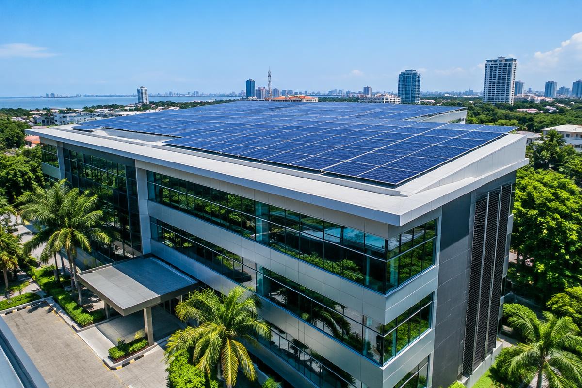 A modern commercial building with a rooftop solar panel installation